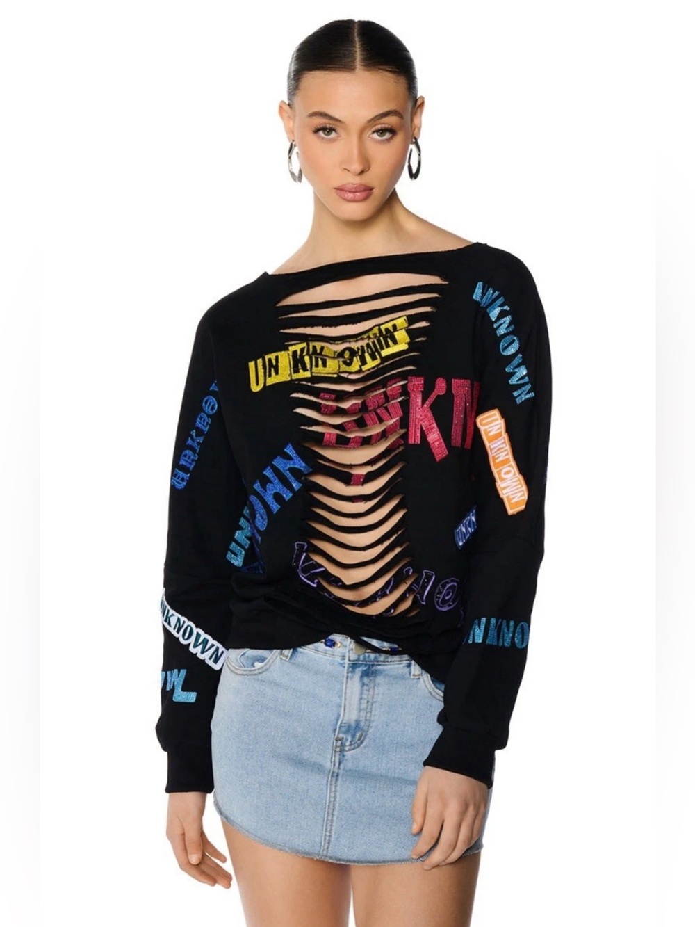 AKIRA Unknown Vibes Distressed Rhinestone Embellished Sweatshirt XL Sold Out NWT